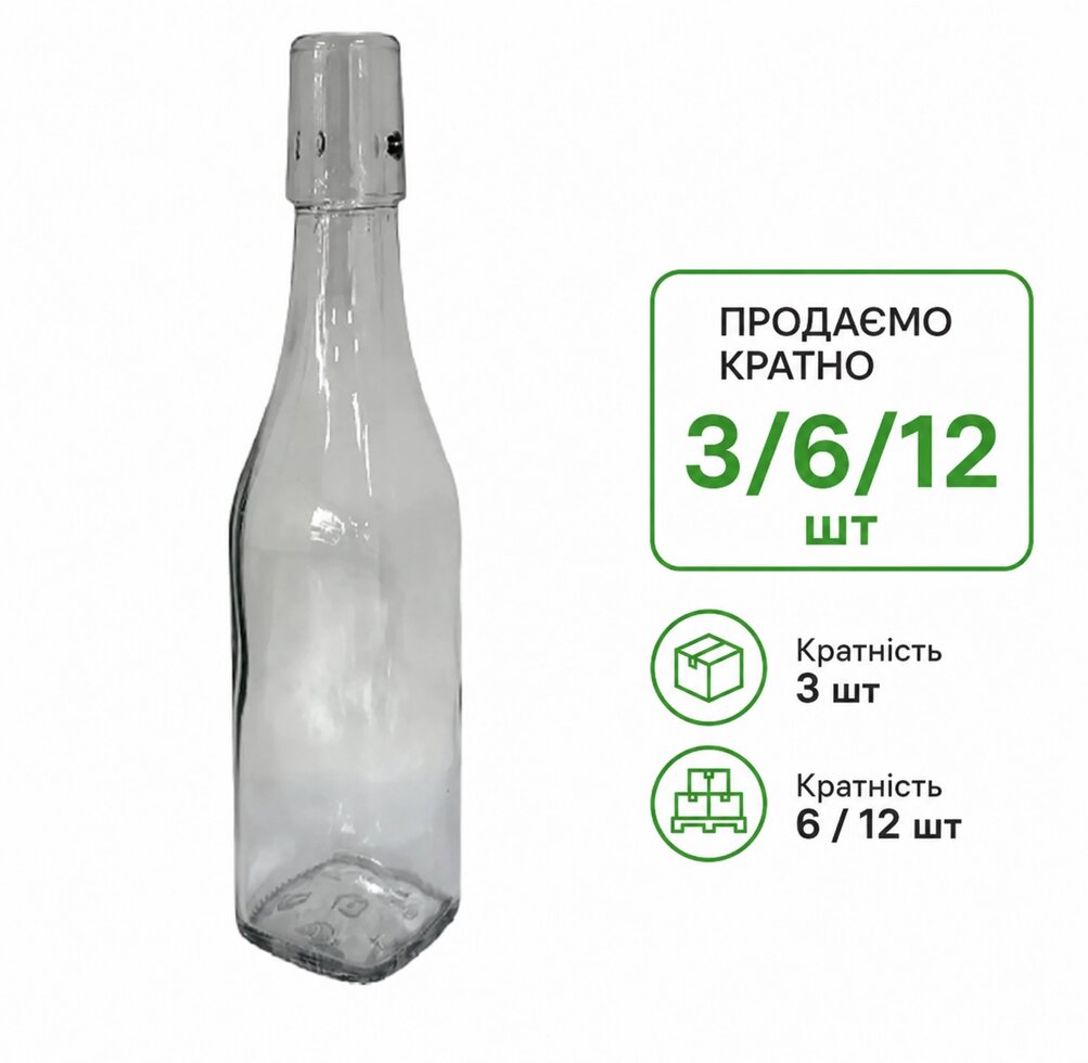 Пляшка під бугельний замок КВАДРАТНА (без бугеля), прозора 500ml