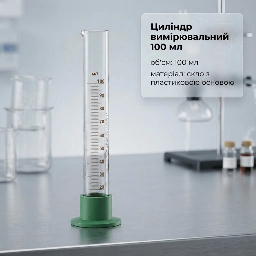 Циліндр вимірювальний СКЛЯНИЙ на пластиковій основі 100 мл ЛАБОРАТОРНИЙ