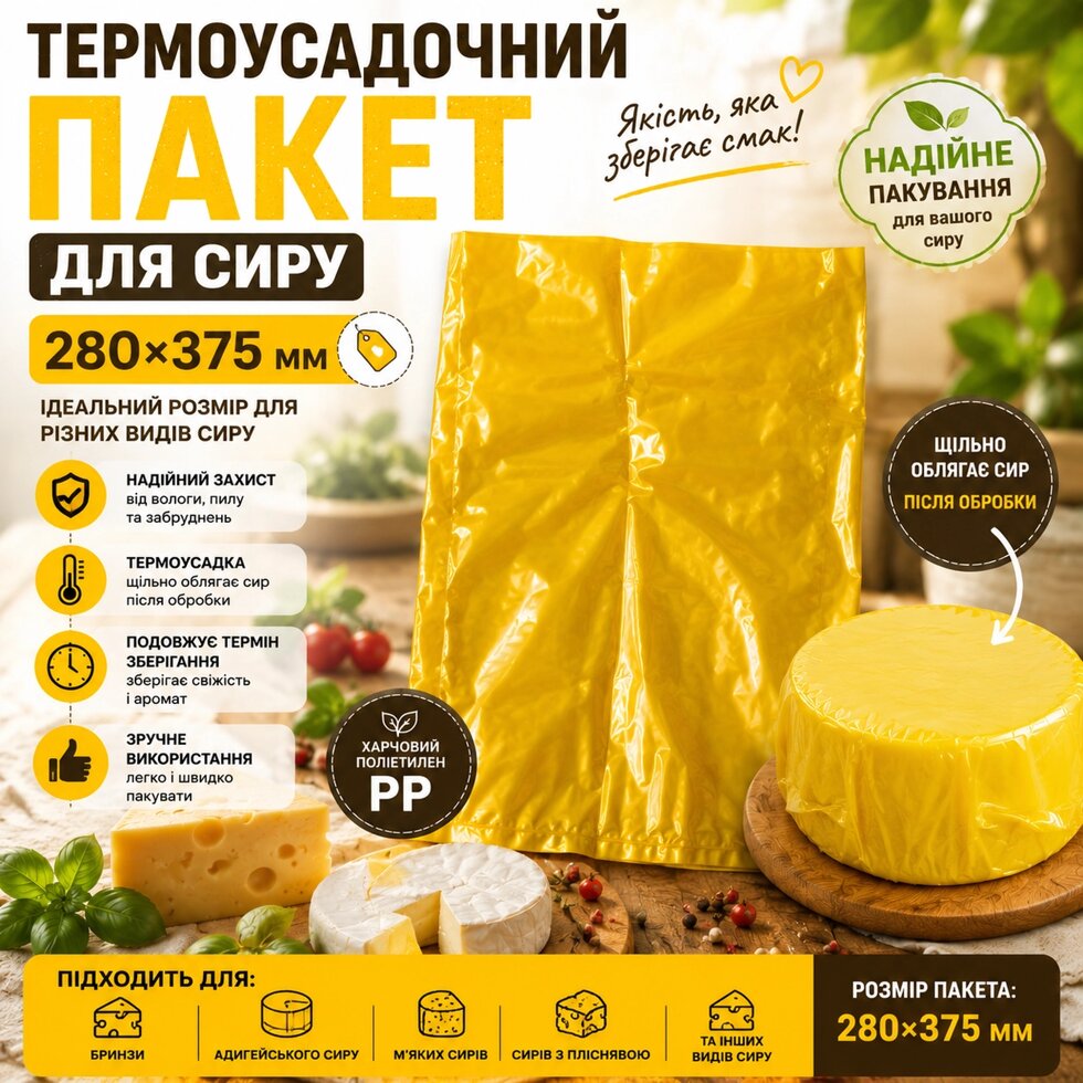 Пакет термоусадочний для сиру 280*375 мм жовтий