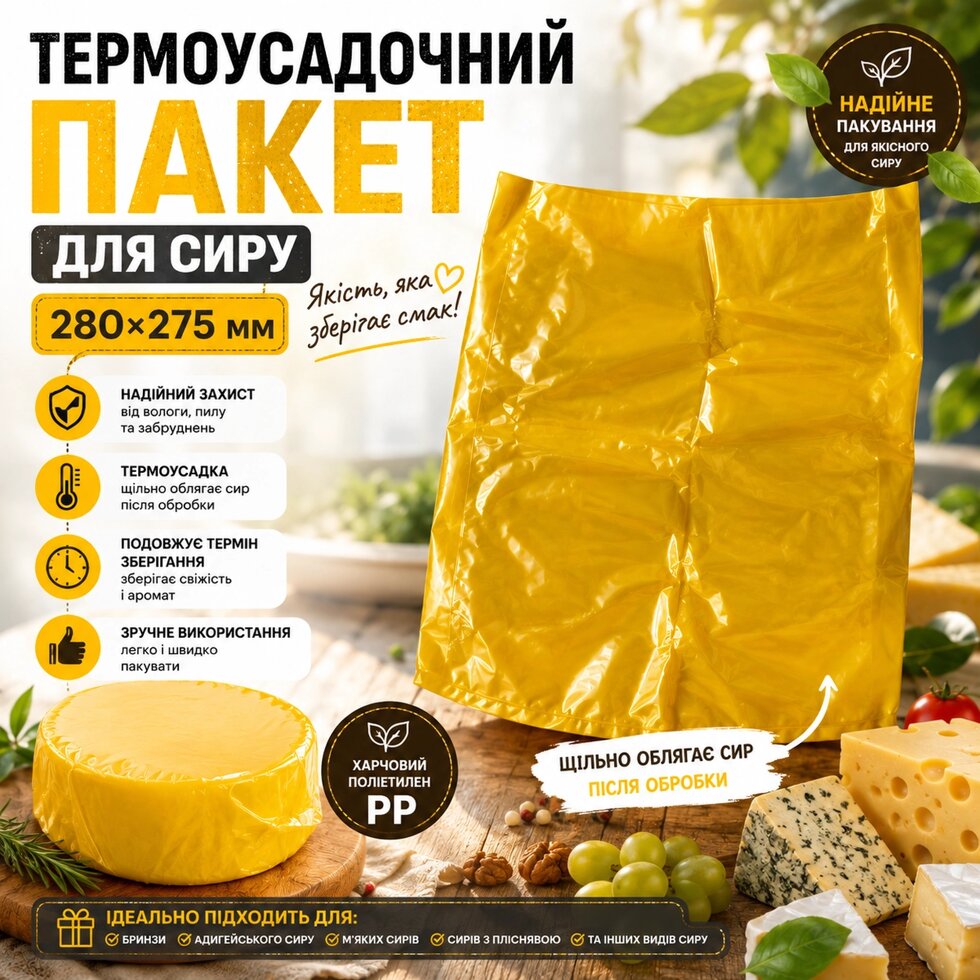 Пакет термоусадочний для сиру 280*275 мм жовтий