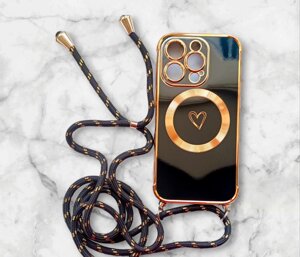 Чохол Pnakqil для iPhone 14 Pro з MagSafe та регульованим шнурком (чорний, золотий)