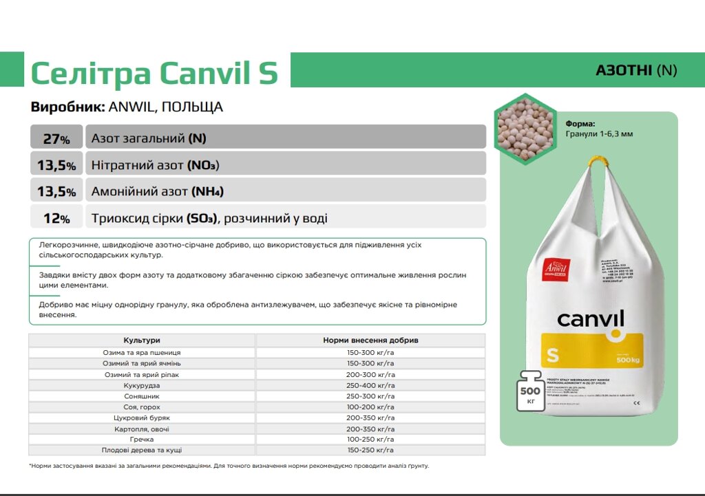 Селітра Canvil S Виробник: ANWIL, ПОЛЬЩА - 500 кг від компанії ФармХіміка - фото 1