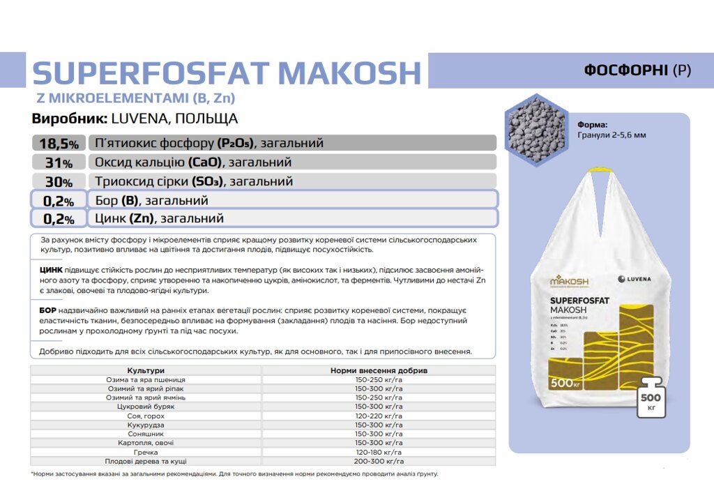 Суперфосфат SUPERFOSFAT MAKOSH з мікроелементами (B, Zn) - 500 кг від компанії ФармХіміка - фото 1