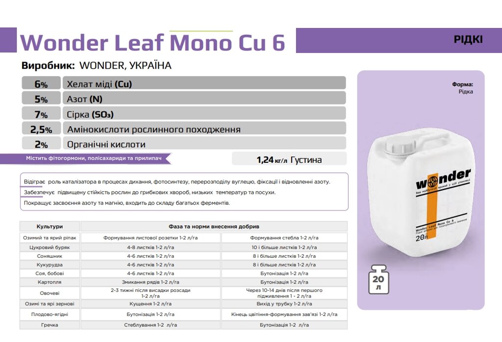 Wonder Leaf Mono Cu 6 Виробник: WONDER, УКРАЇНА- 20 л від компанії ФармХіміка - фото 1