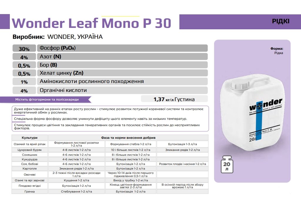 Wonder Leaf Mono P 30 Виробник: WONDER, УКРАЇНА 20 л від компанії ФармХіміка - фото 1