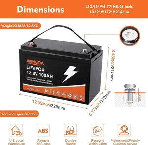 Новий акумулятор WINGDA LiFePO4 Battery 100 Ah 12 V, літій залізо фосфа