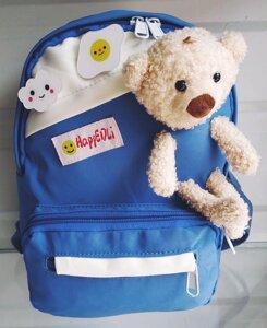 Рюкзак дитячий, підлітковий із ведмедиком і значками, блакитний колір