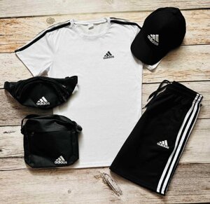 Спортивний костюм чоловічий літній Футболка Шорти Adidas з лампасами