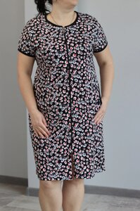 Женский халат с коротким рукавом 58, 60, 62, 64, 66 66, Чорний з квітами