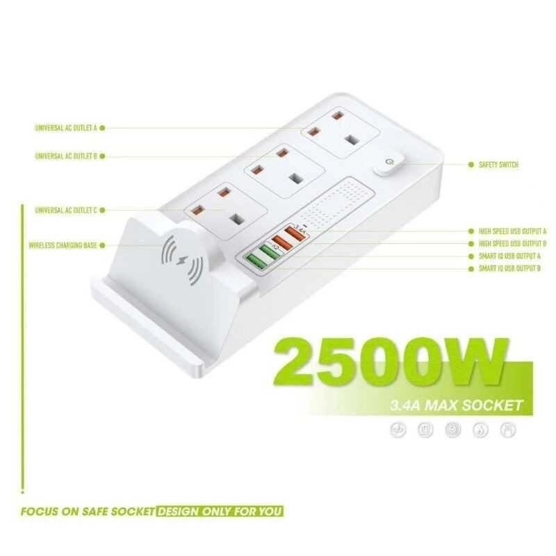 Мережевий фільтр DT BKL-20 3 штуки x 220 V+4штуки x USB WIREESS POWER 10W Білий +бездротова зарядка від компанії Технозавр - фото 1