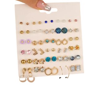Набір стильних сережок пусети (30 пар), сережки-кільця, сережки-цвяшки, подарунок для дівчат, пумери