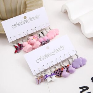 Сережки для дівчинки, набір сережок, сережки дитячі рожеві, фіолетові, 10 штук