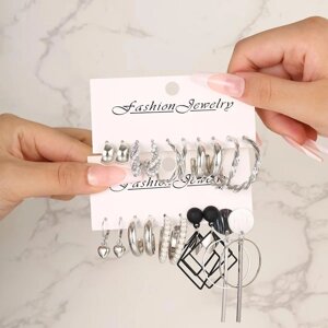 Сережки жіночі набір 10 пар срібного кольору геометричні та кільця кільця з перлами