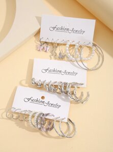 Жіночі сережки-кільця Earrings New Style, набір сережок для жінок та дівчат 15 пар, сріблясті сережки для дівчат