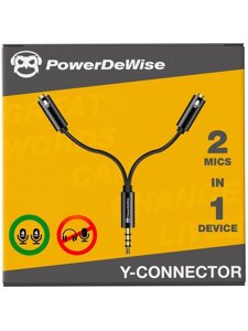 PowerDeWise Переходник разветвитель Y-connector - Jack 3.5 мм на 2 микрофона или 2 наушников 3.5 мм, 4 pin TRRS