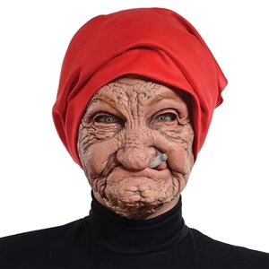Латексна маска бабусі SV з зморшкуватим обличчям та червоним шарфом (sv3659)