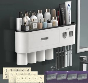 Полиця у ванну кімнату SV з підставкою для зубних щіток та з 4 склянками, диспенсер для зубної пасти Білий (sv3754)