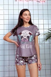 Жіноча піжама футболка+шорти (р. 42-52) з принтом "Мопс" у різних кольорах