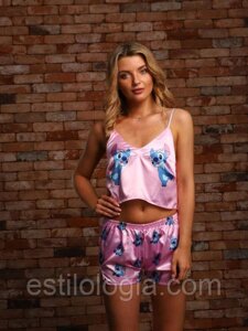 Жіноча шовкова піжама топ+шорти (р. 40-46) з принтом "Стіч" рожева