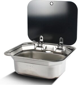 Раковина для автофургона з неіржавкої сталідля миття рук із відкидним краном і кришкою із загартованого скла