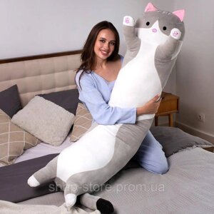 М'яка іграшка-подушка Кіт Батон 130 см, Дитяча подушка для обіймів антистрес Сірий Кіт Батон