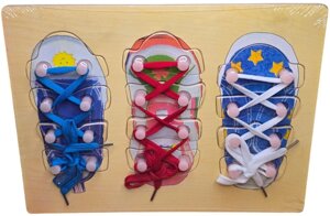 Дитяча Дерев'яна Іграшка Для Розвитку І Навчання Зав'язування Шнурків, 3 Різні Кольори