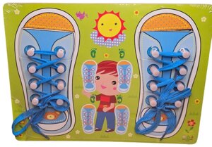 Дитяча Дерев'яна Іграшка Для Розвитку І Навчання Зав'язування Шнурків На Кросівках Синього Колір