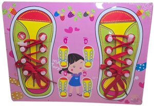 Дитяча Дерев'яна Іграшка Для Розвитку І Навчання Зав'язування Шнурків, Червоний Колір