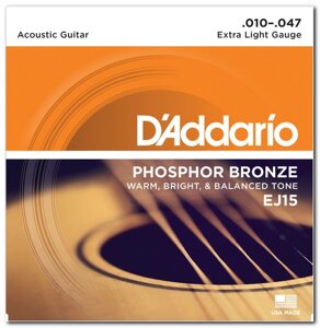 Струни для акустичної гітари D`ADDARIO EJ15 PHOSPHOR BRONZE EXTRA LIGHT 10-47