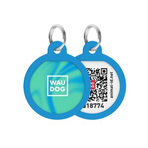 Адресник для собак і котів металевий WAUDOG Smart ID з QR паспортом, малюнок "Градієнт блакитний", коло, Д 25