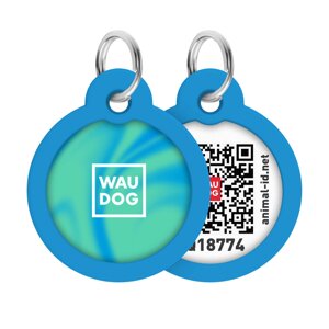 Адресник для собак і котів металевий WAUDOG Smart ID з QR паспортом, малюнок "Градієнт блакитний", коло, Д 30