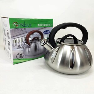 Чайник із свистком Unique UN-5303 кухонний на 3 літри, металевий чайник із нержавіючої сталі. Колір: чорний