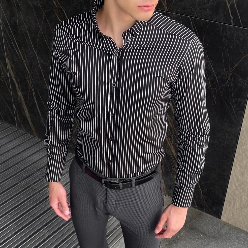 Чоловіча сорочка з довгим рукавом чорна Pobedov Orel дизайн смужки від компанії 4Sezona - фото 1