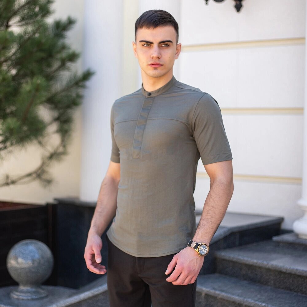 Чоловіча сорочка з коротким рукавом оливкова Pobedov Vpered від компанії 4Sezona - фото 1