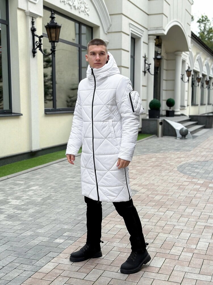Чоловіча зимова куртка подовжена з капюшоном біла Pobedov Zmist від компанії 4Sezona - фото 1