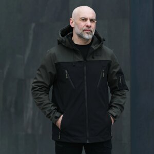 Куртка чоловіча демісезонна з капюшоном чорна-хакі Pobedov Korol' Lev