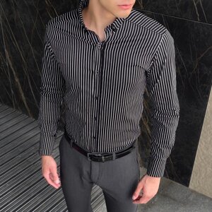 Чоловіча сорочка з довгим рукавом чорна Pobedov Orel дизайн смужки