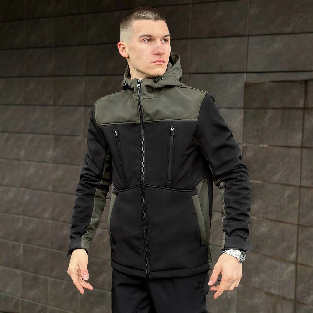 Софтшелл куртка чоловіча S чорний з хакі Pobedov Setup від компанії 4Sezona - фото 1