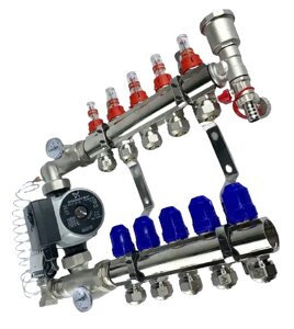 Колектор для теплої підлоги (5 КОНТУРІВ) в зборі з насосом