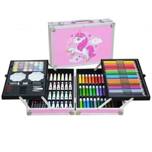 Набір для дитячої творчості, для малювання 145 предметів в алюмінієвій валізі Єдиноріг, Рожевий