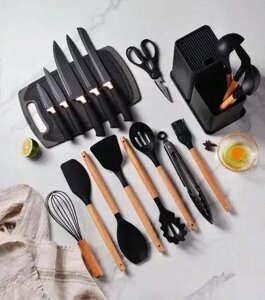 Набір кухонних кухарів та ножів на 19 предметів та подвійна підставка ZP-107 Чорний