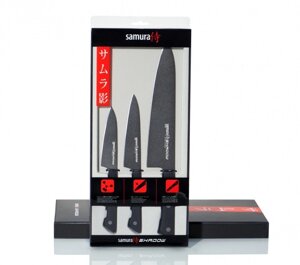 Набір кухонних ножів з 3-х штук (Шеф, універсальний, для овочів), в подарунковій коробці Samura Shadow
