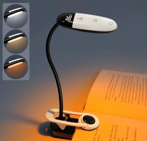 Міні світлодіодна лампа із затискачем для читання з вбудованим акумулятором, 3 кольори, 5 режимів яскравості
