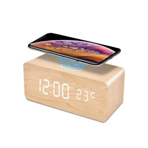 FiBiSonic LED Дерев'яний будильник, цифровий, з бездротовим зарядним пристроєм для мобільних телефонів