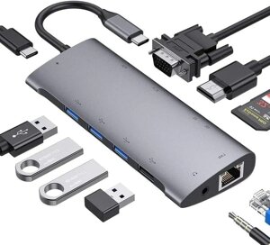 Концентратор FLYLAND USB C, адаптер концентратора Type C с 4K HDMI, VGA 1080P, 4 порта USB 3.0/2.0