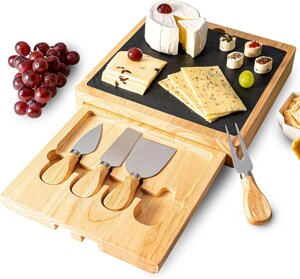 Кухонна дерев'яна дошка K Kptn для сиру з грифельною тарілкою + набір ножів для сиру з 4 предметів
