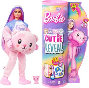Лялька Барбі Милашка з рожевим волоссям і костюмом плюшевого ведмедика, 10 сюрпризів