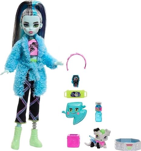 Лялька Monster High, святковий набір "Френкі Штейн Creepover Party" з собакою Ватзі, одяг та аксесуари для ночівлі