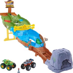 Трек Hot Wheels Monster Trucks Wreckin' Raceway з двома іграшковими вантажівками: снігова людина та Ганкстер