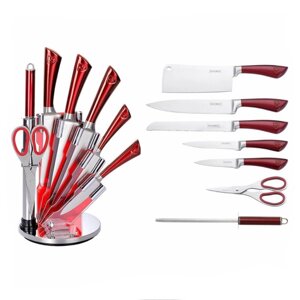 Набір кухонних ножів Royalty Line RL-KSS804 Red 8 предметів для кухні зі сталевим лезом та спеціальним покриттям на